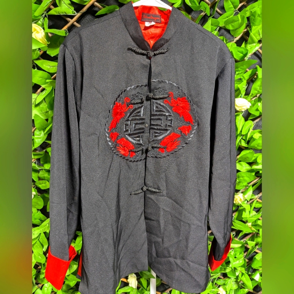 Men's Silver Dragon Black and Red Embroidered Kimono Jacket Chinese
